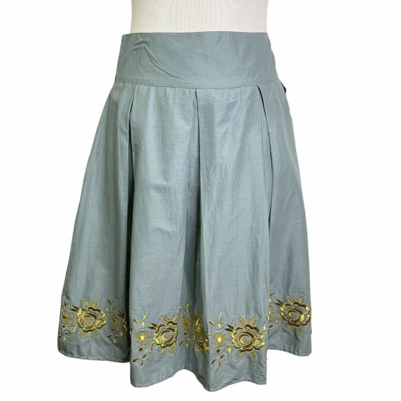 Halogen Blue Gold Floral Embroidery Pleated SKirt - Picture 1 of 10